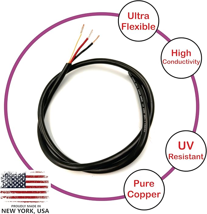 NATIONAL Wire & Cable – 10 AWG 3-Conductor Premium Copper Wire, 50 ft, Stranded | Made in USA, Heavy-Duty Flexible Jacket | Automotive, Solar, Battery, Indoor and Outdoor Use