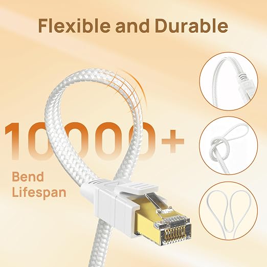 Orbram Cat 8 Ethernet Cable 3 ft White, Nylon Braided High Speed Heavy Duty - Image 5