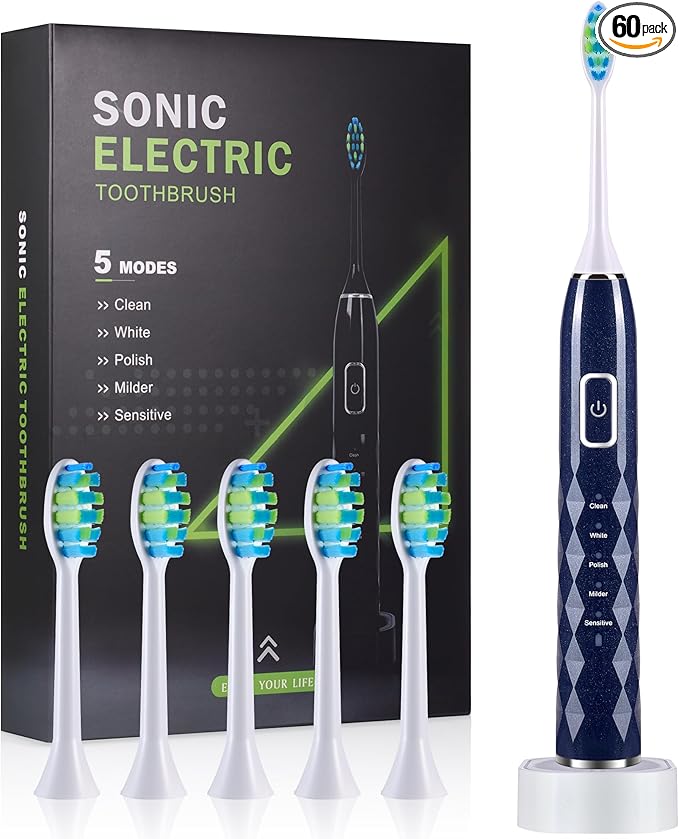 ZUAMEGU Sonic Electric Toothbrush for Adults - Deep Cleaning Teeth Whitening6 Replacement Brush Heads100-Day Battery5 Modes w/SensitiveIPX7 Waterproof (Color Options)