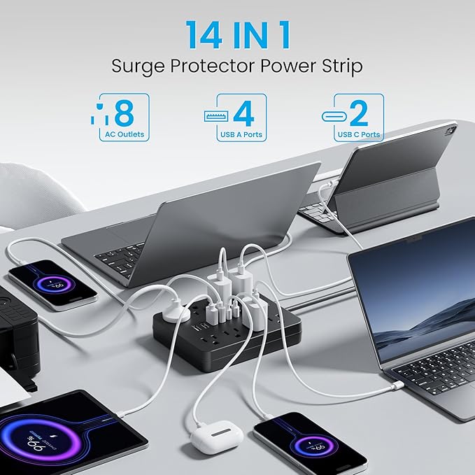 Bawmwim Surge Protector Power Strip, 8 Outlets(1250W/10A), 6 USB Charging Ports(2 USB C), 10FT Flat Plug Extension Cord Outlet Extender with Overload Protection, ETL Certified for Office, Dorm Room