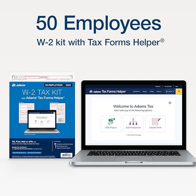 Adams W-2 Forms 2025, 6-Part Kit for 50 Recipients, Includes 6 W-3 Forms, QuickBooks Compatible, eFile Access and Printing Through Adams Tax Forms Helper Software (1017239)