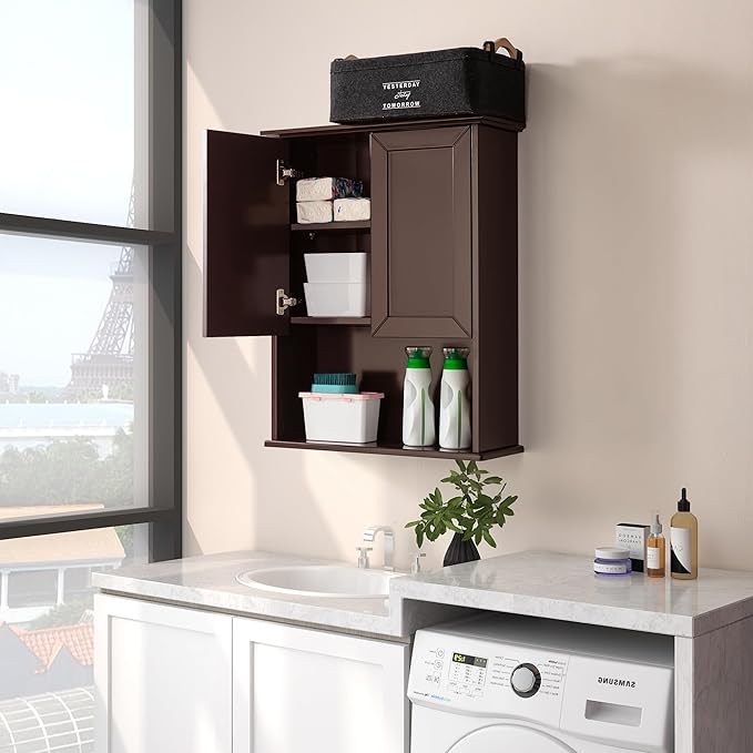 Wall Cabinet, 23x29 inch Medicine Cabinet, Over Toilet Storage with Adjustable Shelf, Wooden Expresso Bathroom Cabinet with 2 Doors