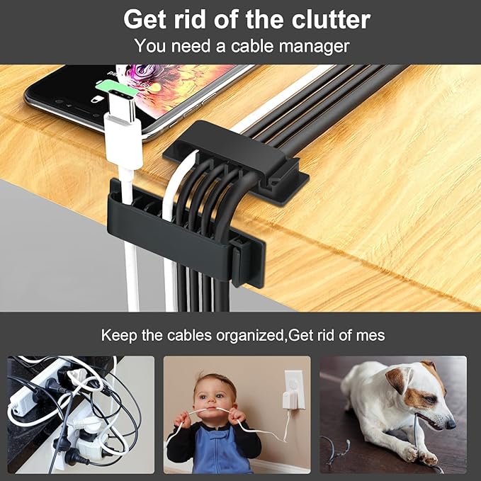 Halsouy Cable Management Clips, 20Pcs Cord Organizers Wire Clips Cord Holder for TV PC Ethernet Cable Desk Home Office (Black)