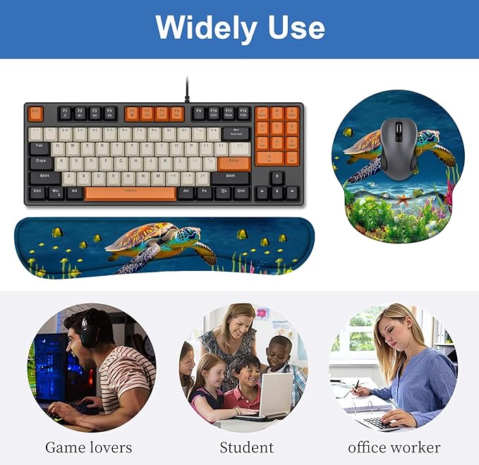 Keyboard Wrist Rest + Mouse Pad Wrist Support Set with Coasters, Non-Slip PU Base Ergonomic Mousepad for Home Office Working Studying Easy Typing & Pain Relief, Sea Turtle