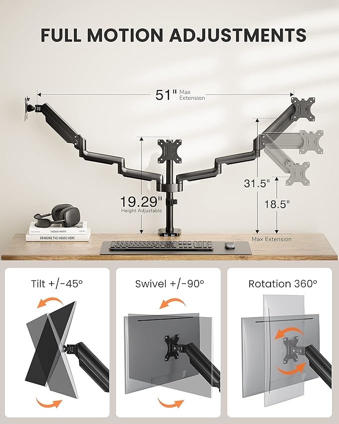ErGear Triple Monitor Mount for 13-27 inch Screens, Triple Monitor Arms with USB, Heavy Duty Three Monitors Stand with Tilt, Swivel, Rotation, Holds Up to 17.6 lbs Each Arm