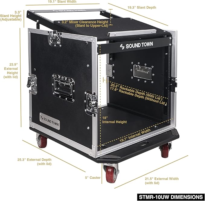 Sound Town Enhanced 1/2" (12mm) Plywood 10U PA DJ Pro Audio Rack/Road ATA Case with 11U Slant Mixer Top, 20’’ Rackable Depth and Casters, 10 Space Size, Pro Tour Grade (STMR-10UW)