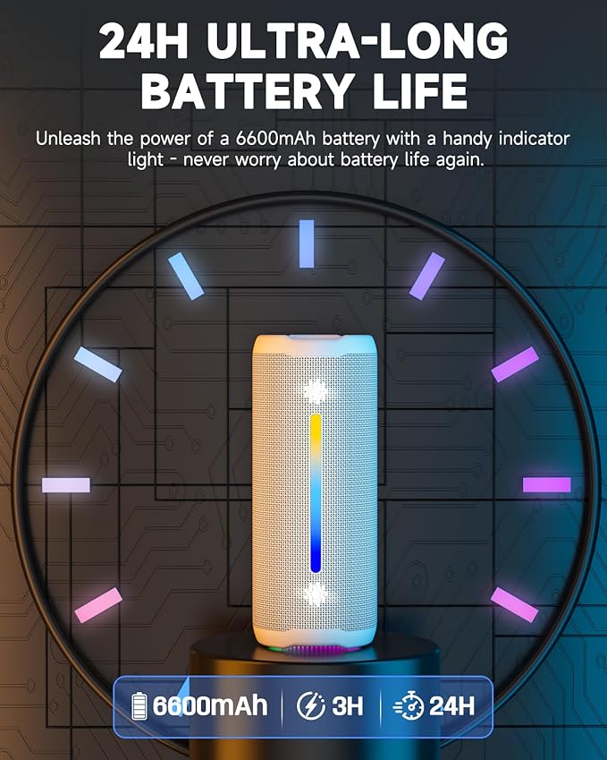 OHAYO Bluetooth Speaker, Portable Wireless, IPX7 Waterproof, Powerful 25W Sound, 24H Playtime, Dual Pairing, Active Bass, Colorful Lights, Bluetooth 5.3, Outdoor Speakers for Home/Party/Beach, White