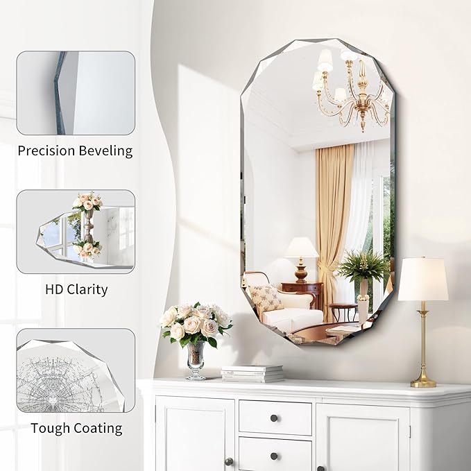 GLASHOM Beveled Edge Frameless Bathroom Mirror, Oval Wall Mirror for Over Sink, 20" x 40" Modern Decorative Vanity Mirror for Bedroom, Living Room,Entryway, Hanging Mirror Horizontal or Vertical