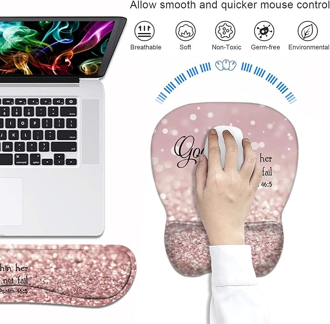 Ergonomic Mouse Pad Wrist Support and Keyboard Wrist Rest Set with Coasters, Non-Slip PU Base, Easy Typing & Pain Relief for Computer Laptop Home Office, Bible Verse Psalm 46:5