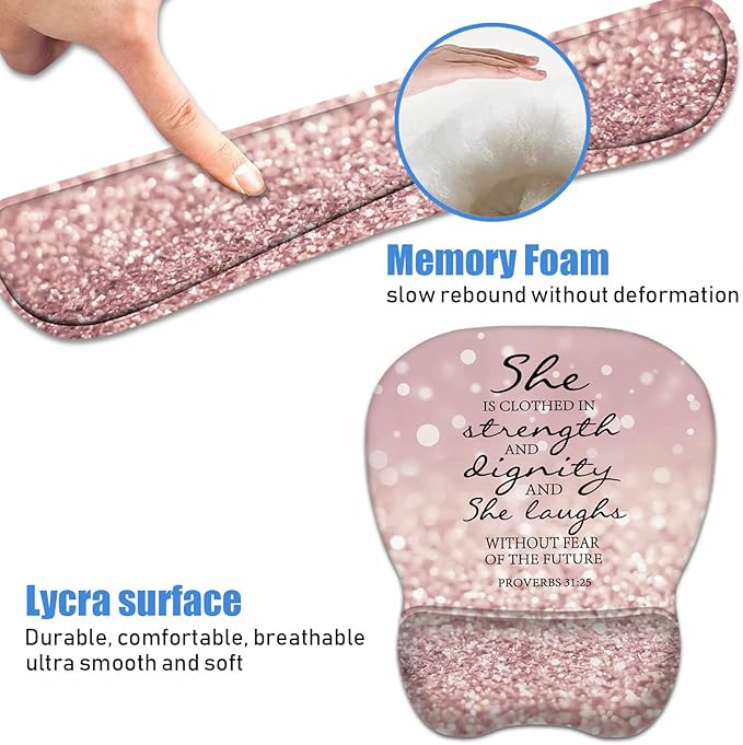 ERWYTYIOI Ergonomic Mouse Pad Wrist Support and Keyboard Wrist Rest Set with Coasters, Non-Slip PU Base, Easy Typing & Pain Relief for Computer Laptop Home Office, Bible Verses Proverbs 31:25