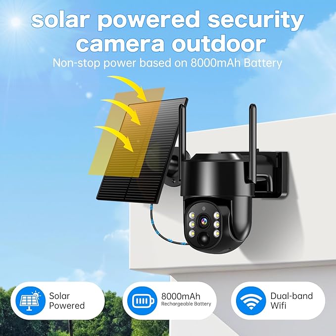 Solar Security Cameras Wireless Outdoor, 5G/2.4G Solar WIFI Cameras for Home Security,Solar Powered Outside Camera Wireless,Human Detection, Color Night Vision, 2-Way Talk for home Porch/Garage/Yard