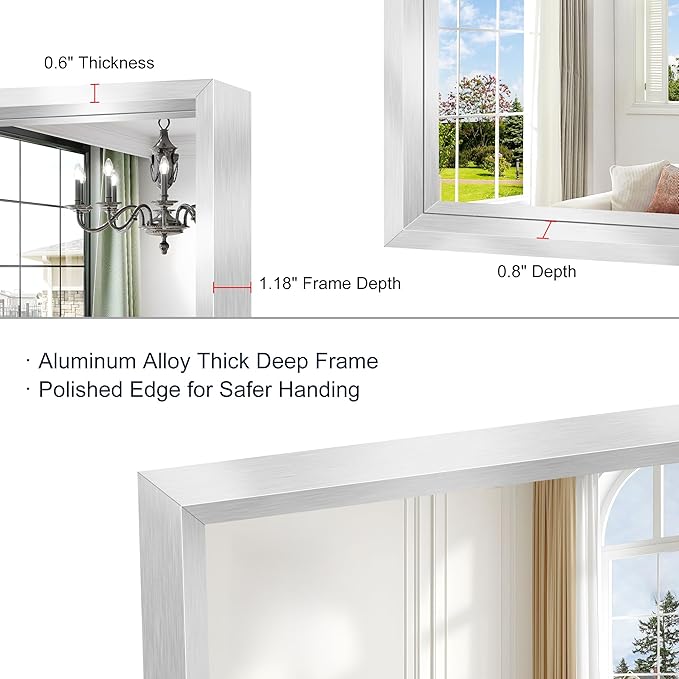 30x30 Inch Silver Bathroom Mirror, Brushed Silver Square Mirror for Wall, 0.6" Thickened Deep Frame Mirrors for Bathroom Sink, Shatterproof Tempered Glass, Antirust, Horizontally or Vertically