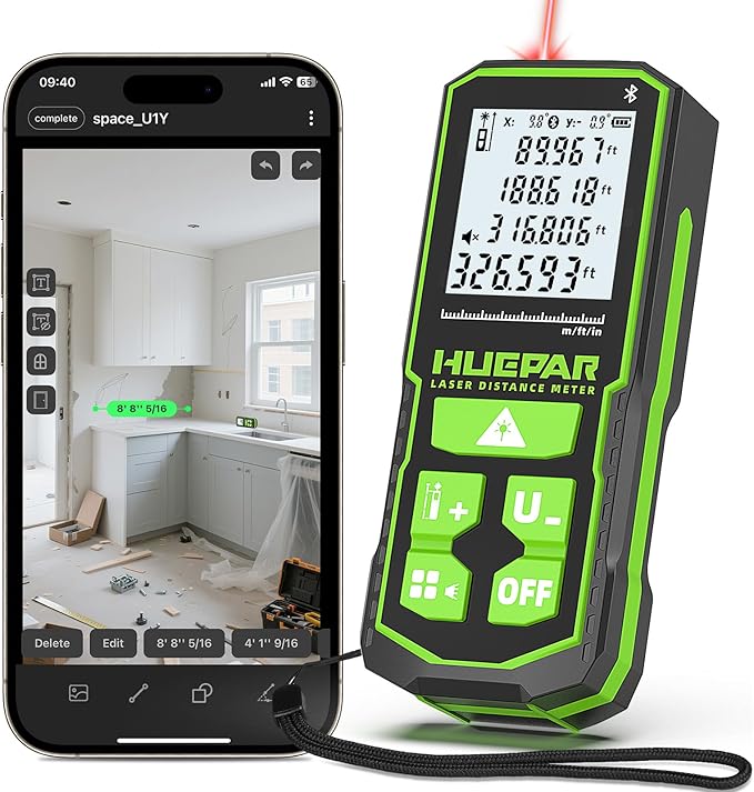 Laser Distance Measure 330Ft. Huepar Digital Rechargeable Laser Measuring Tool with Bluetooth -Phone APP, Angle Sensor, 1/16in Accuracy, M/in/Ft Unit, Pythagorean Mode, Measure Distance, Area, Volume