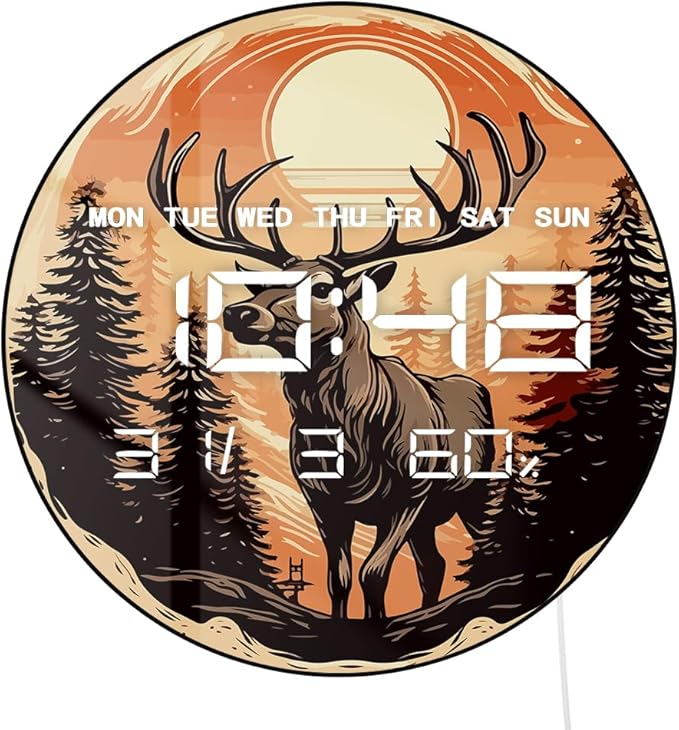 Timethink 12'' Deer Digital Wall Clock with LED Display, Woodland Forest Cabin Rustic Electric Wall Clock Smart Dimming, Date, 12/24hr, Temperature, USB Powered for Christmas Farmhouse Hunting Decor