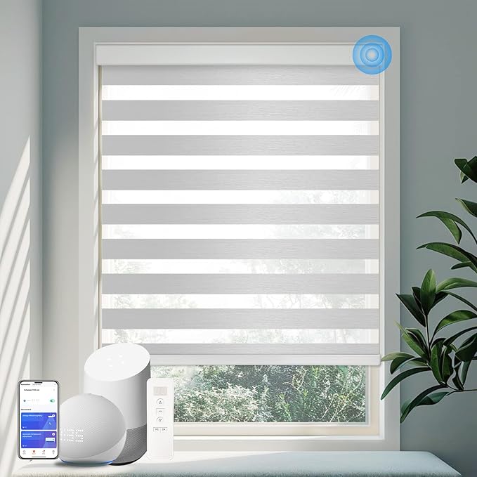 COOLWINDS Motorized Zebra Blinds for Windows Cordless Electric Curtains with Remote Control Blackout Shades Custom Smart Blinds Compatible with Alexa Google Home(Light Filtering Grey,W34 X 72in)