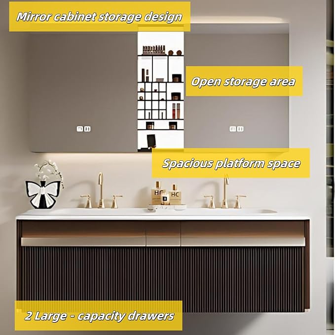 Bathroom Vanity with Double Sink - Bathroom Cabinet Vanity Including Grille Shaped Panel | Bathroom Vanity Double Sink, Soft Light LED Lights & Smart Defogging Mirror (Mirror Cabinet, 72IN)