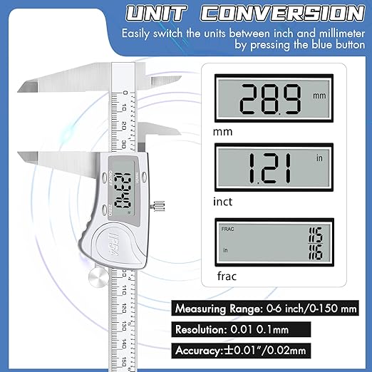 Simhevn Electronic Digital Calipers, inch and Millimeter Conversion,LCD Screen displays 0-6" Caliper Measuring Tool, Automatic Shutdown, Suitable for DIY/Jewelry Measurement (200mm Stainless Steel)