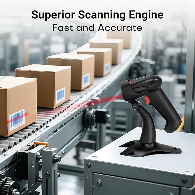 Tera Barcode Scanner Wireless 1D 2D QR with Stand: Battery Level Indicator 3 in 1 Works with Bluetooth 2.4G Wireless USB Wired Handheld Bar Code Reader with Vibration Alert HW0002 Black