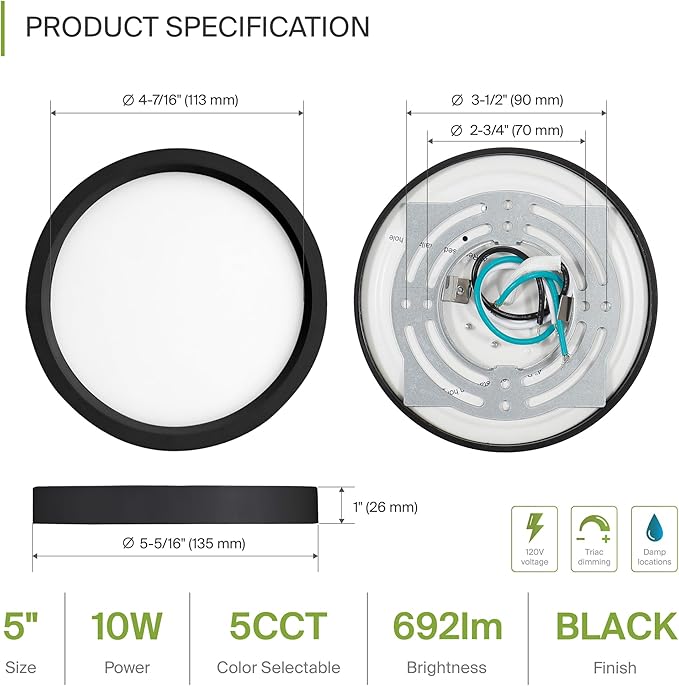 ASD LED 5" Round Flush Mount Ceiling Light Fixture, Low Profile Surface Lighting | 5CCT, Dimmable, Ultra-Thin, ETL Listed | 10W 700LM 2700-6000K 120V | Kitchen, Bedroom, Hallway Lamp | Black