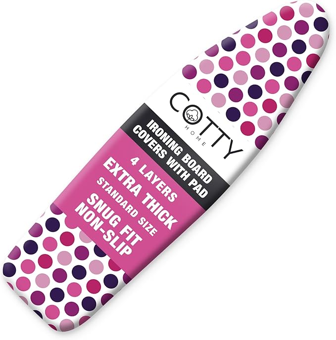 COTTY HOME Extra Thick Ironing Board Covers with Pad Standard Size 15x54, Heat Reflective Full Scorch Resistant Padding, Snug Fit Non-Slip Nose Pocket Fastener Straps Elastic Edges, Polka Dots