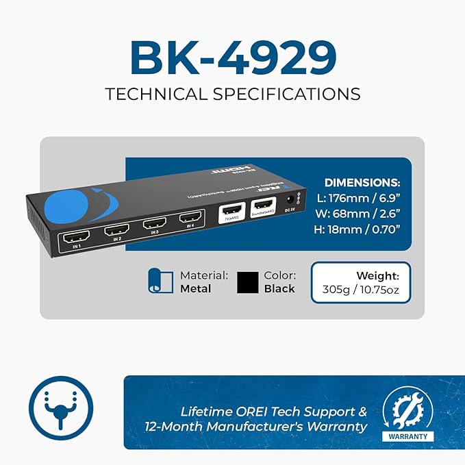 OREI 4-Port eARC 8K Audio Extractor 4x1 Switch for Monitors TVs, Extract Dolby Atmos to Convert Sound bar 4K @ 120hz 18G ARC HDCP 2.3 Perfect for 8K Displays, CEC, Remote Control Works for Sonos Bose