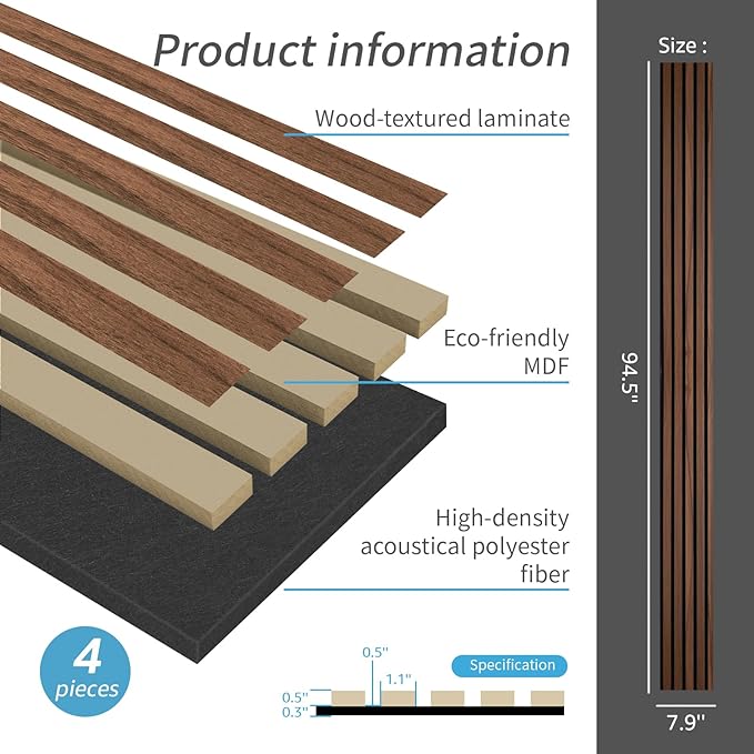 Art3d 4-Pack 94.5 x 7.9 inch Acoustic Wood Slat Wall Panels for Interior Decor, 3D Fluted Sound Absorbing Wood Paneling for Accent Wall Ceiling Kitchen Living Room Bedroom Office, Dark Walnut