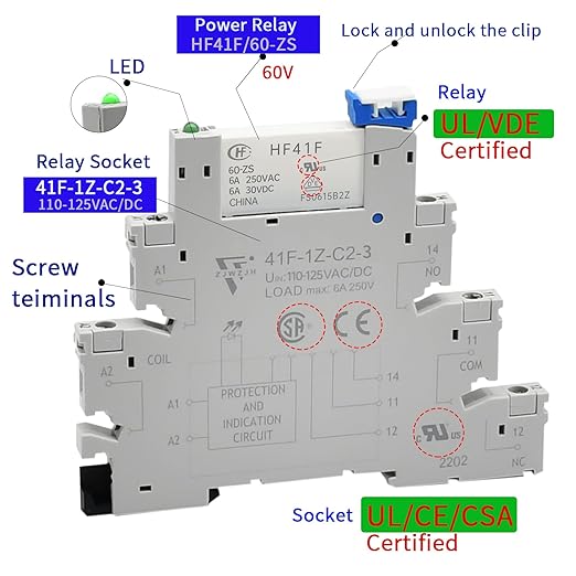 20Pcs Electromechanical Relay 6Amp Miniature Power Relay 110V-120V AC 1NO 1NC SPDT with LED Indicator, Socket Base, DIN Rail Slotted
