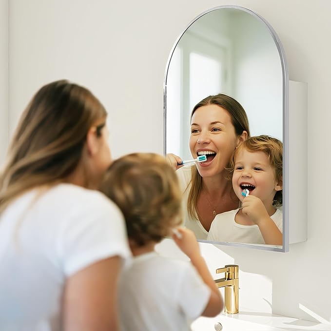 Arched Medicine Cabinet with Mirror,Silver Bathroom Mirrored Medicine Cabinet Organizer,Bath Vanity Mirror with Storage,Aluminum Wall Mount with Adjustable Shelves,20 x30 inch