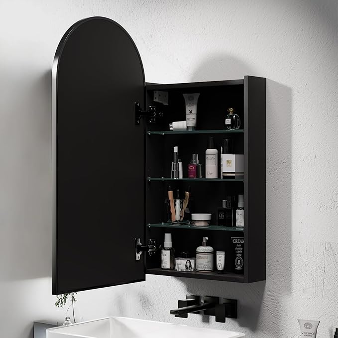 Black Arched Medicine Cabinet with Mirror, Arched Mirror Cabinet for Bathroom,Black Metal Edge Medicine Cabinet Surface Mount Only,Bathroom Arch Mirror Cabinet with Storage,16 x32 Inch
