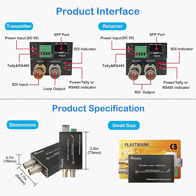 Hereta Mini 3G-SDI Video Extender with SDI Loop Output 1080P 3G-SDI Fiber Converter Extension of Distances Up to 20km Over Single-Mode Optical Transceiver and Tally or Reverse RS485