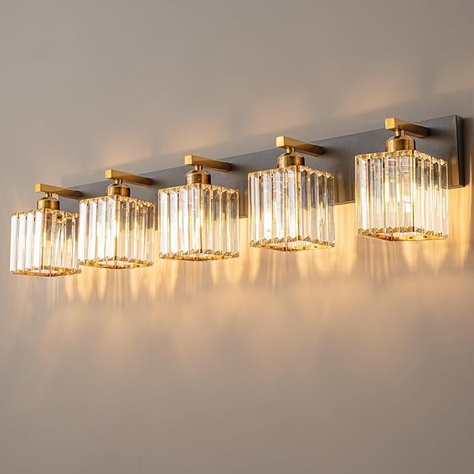 FDPBY Modern Bathroom Vanity Light 5-Lights Black Gold Crystal Bathroom Wall Light Vanity Light Fixtures，36.22-inch Modern Minimalist Design