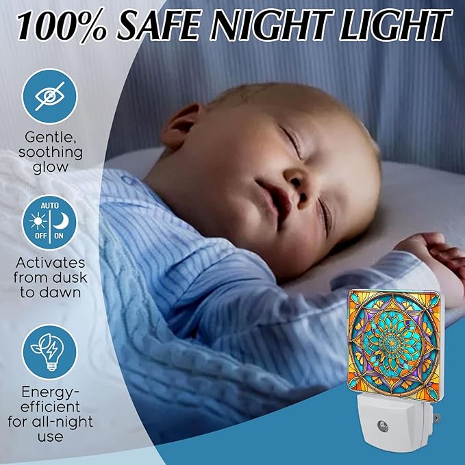 PODMemory Mandala Stained Glass Night Lights Plug into Wall for Room, Mandala Night Light LED for Bedroom
