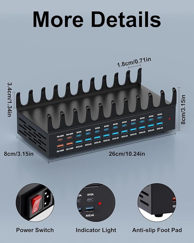 380W Charging Station for Multiple Devices - 24 Ports USB Fast Charging Station with 30W Power Delivery, Multi Charger Dock for Phone Tablet, Home, Office, School