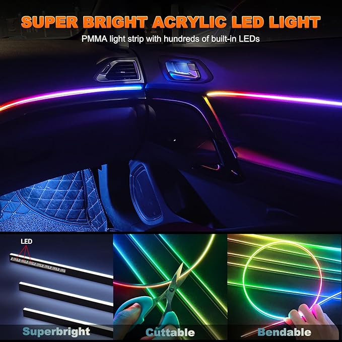 Jushope Interior Car LED Strip Lights, Acrylic LED Lights for Car with Dynamic Dreamcolor Chasing, Ambient Lighting Kits Music Sync Wireless APP and RF Remote Control (6 in 1)