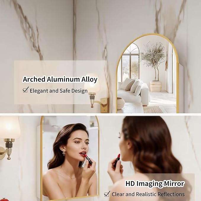 Gold Arched Medicine Cabinet with Mirror,20x32 Wall Mount Medicine Cabinet with Adjustable Glass Shelves,Surface Mount Only,No Recessed,Brushed Gold Medicine Cabinet with Mirror