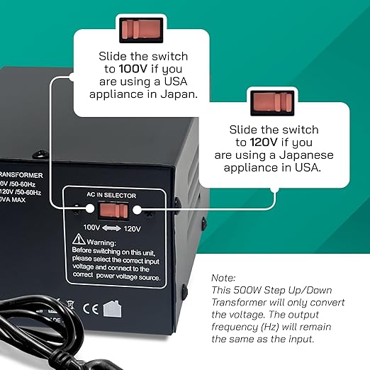 LiteFuze 500W Japan Voltage Converter Transformer – Step Up/Down 100V to 120V / 120V to 100V – Heavy Duty Power Converter with Fuse Protection & Fully Grounded Cord (JP-500)