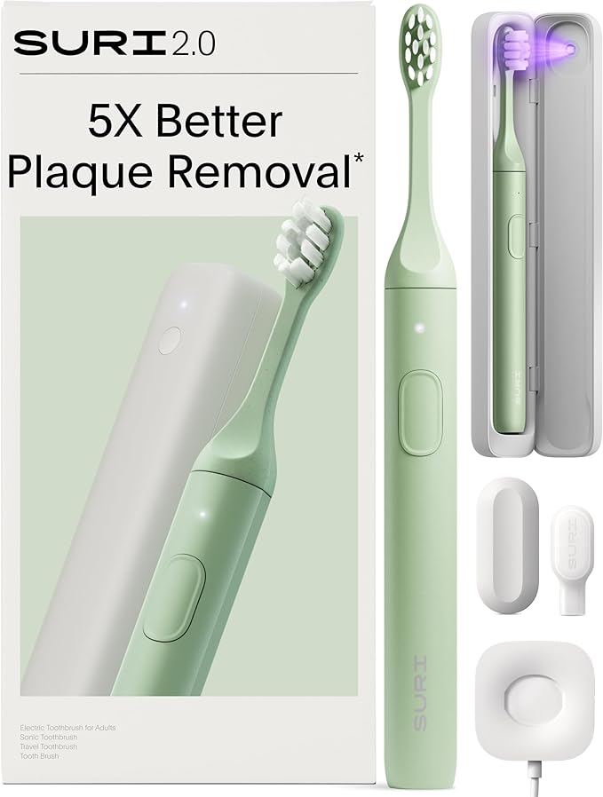 SURI 2.0 New Sonic Electric Toothbrush with Pressure Sensor & UV-Cleaning Travel Case | 1 Month+ Battery | Electric Toothbrush for Adults | Travel Toothbrushes | Tooth Brush | Green