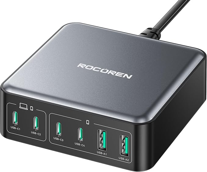 270W USB C Charger Block, Rocoren 6 Port Multi USB-C Charging Station,100W PD Fast USBC Gan Charger Station Hub Dock for Multiple Devices, Laptop Type C for MacBook/iPhone 17/iPad/Galaxy S25 (Black)