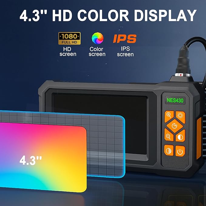 Endoscope Camera with Light 1920P HD Dual-Lens Borescope with 8 LED Lights, IP67 Waterproof Snake Sewer Tools 4.3" Inspection Camera,16.4ft Semi-Rigid Drain Endoscope