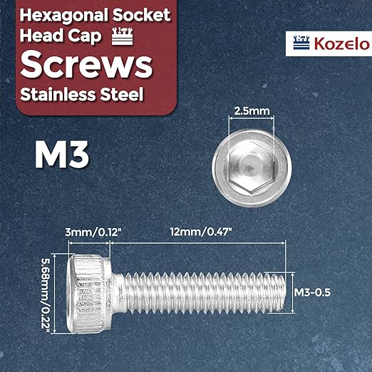 Kozelo 100pcs Socket Head Cap Screws - [M3-0.5 x 12mm] 304 Stainless Steel Allen Socket Drive for Electrical Motor 3D Printing Fan Engine Replacement Use, Silver