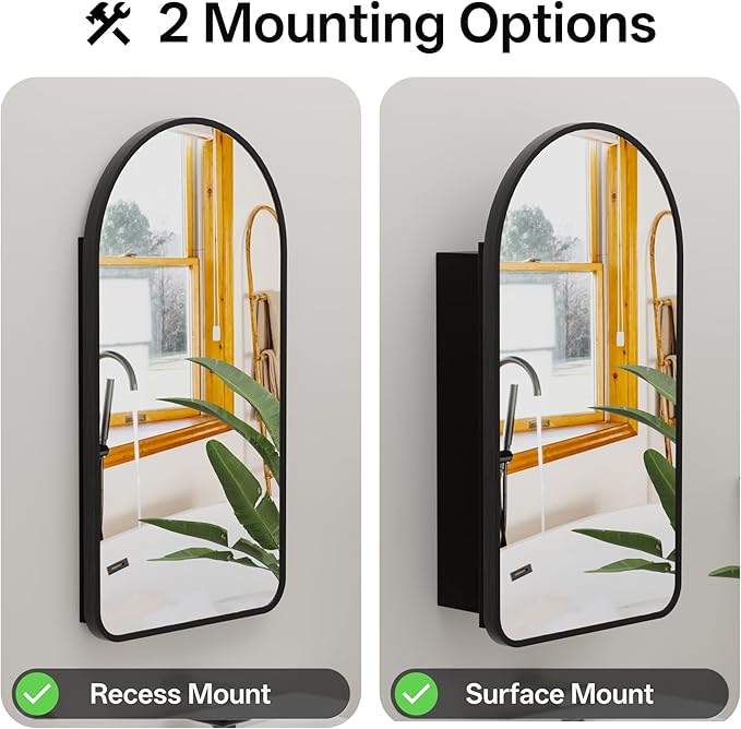 Arched Bathroom Medicine Cabinet with Mirror, No Assembly Needed, Recessed or Surface Mount Wall Storage Cabinet, Mirror Cabinet with Tissue Slot & 2X Magnifying Mirror (Black, 29.5"L x 15.7"W)