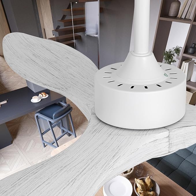 revoici 52 Inch White Ceiling Fan with Lights and Remote, Retro White Wood Low Profile Flush Mount Modern Ceiling Fan for Indoor Farmhouse Bedroom Living Room Outdoor Patio Porch, Reversible DC Motor