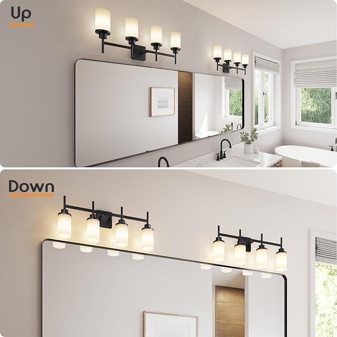 AONEON Wall Light Fixtures 4-Light Over Mirror, Matte Black Vanity Lights with White Frosted Glass Shade, Wall Sconces for Bathroom Kitchen T001MB-L4