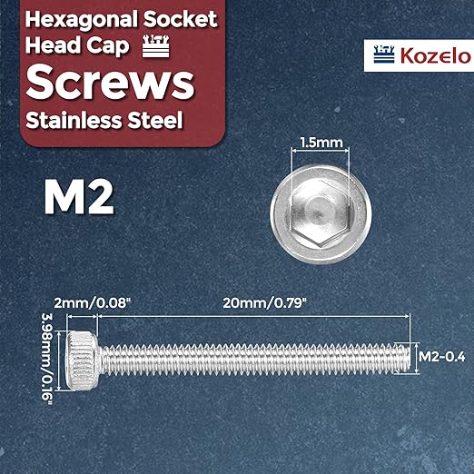 Kozelo 100pcs Socket Head Cap Screws - [M2-0.4 x 20mm] 304 Stainless Steel Allen Socket Drive for Electrical Motor 3D Printing Fan Engine Replacement Use, Silver