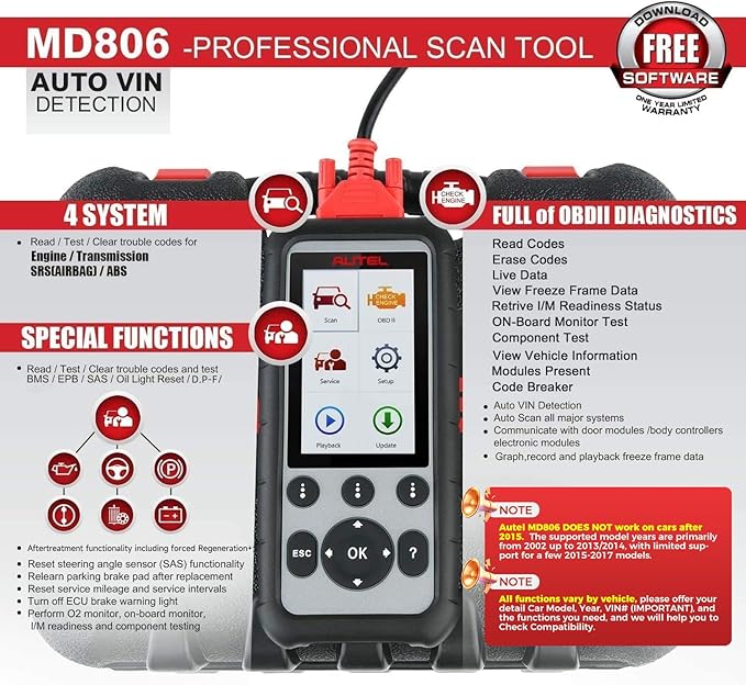 Autel MaxiDiag MD806 OBD2 Scanner, ABS SRS Engine Transmission 4 Systems Diagnostic Scan Tool, 7 Hot Service as MD808 Pro, Oil Reset D-P.F, EPB SAS BMS Throttle A/F, Up of MD805 MD802, Free Update
