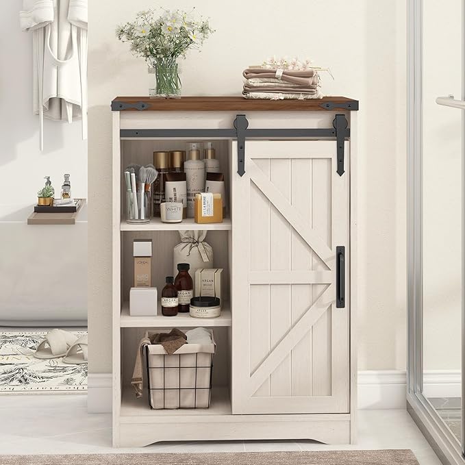 Farmhouse Bathroom Storage Cabinet, Bathroom Cabinet with 4 Drawers and Sliding Door, Farmhouse Floor Storage Organizer for Kitchen, Living Room, Rustic Style, White