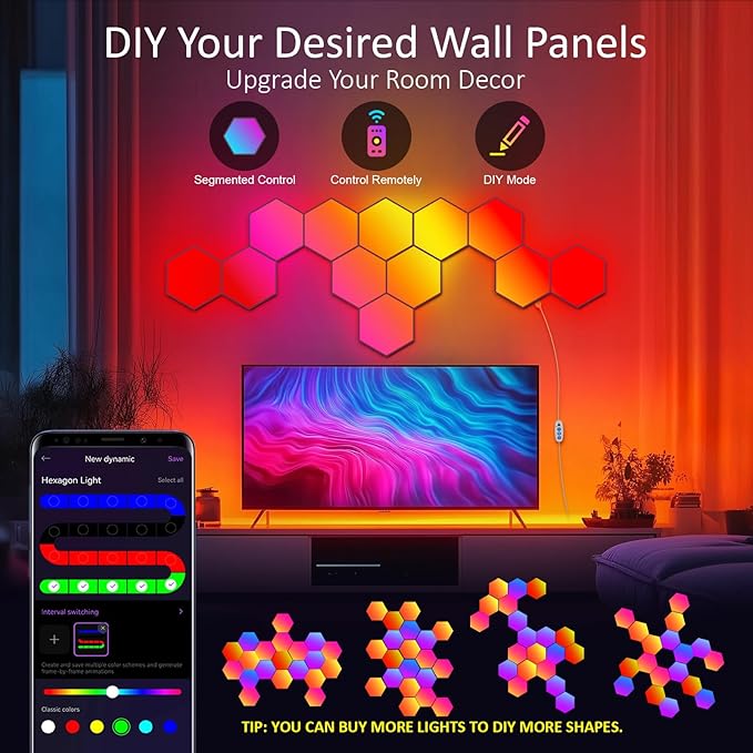 JIMIMORO Big Hexagon LED Light - 8 Pack Smart RGB Hexagon LED Panels Wall Lights with APP & Remote Control Cool Music Sync Gaming Lights for Living Room, Bedroom, Gaming Room, Kids, Adults