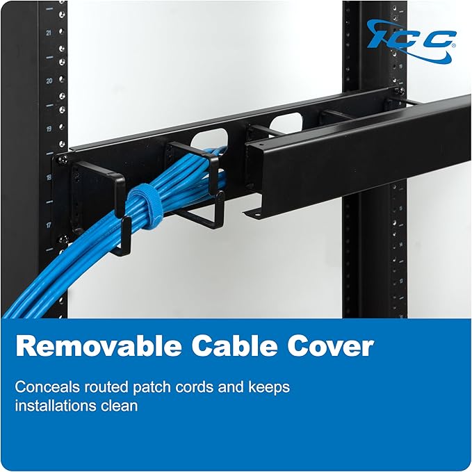 ICC 2U Ring Cable Manager Panel with Cover, Metal, 3" D-Rings, Horizontal Cable Management, Rackmount for 19” Network Racks, Black, 6-Pack