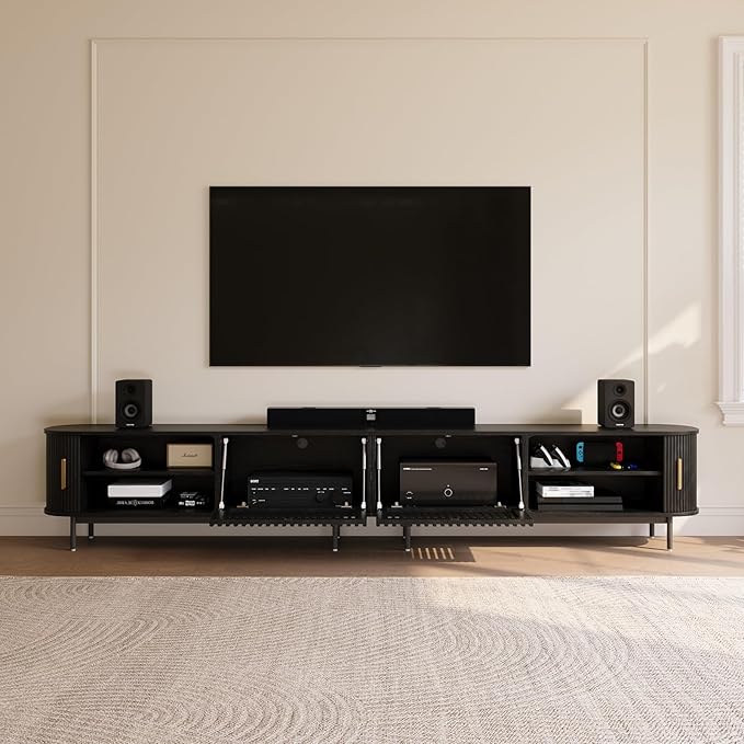 POVISON Sliding Tambour Door TV Stand, Mid Century Modern TV Console, Wood Media Console, Entertainment Center with Storage Cabinet, Fully-Assembled (Black, 118.11")