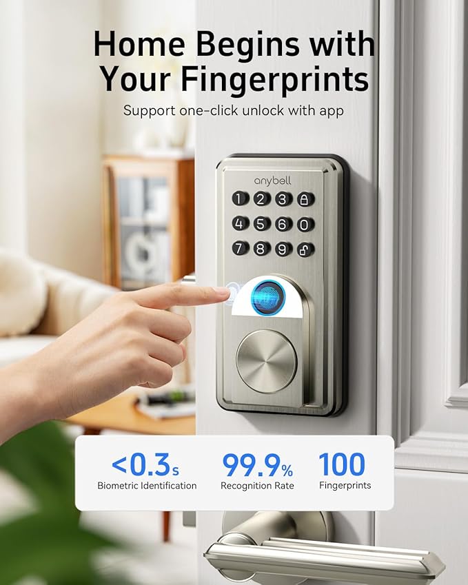 Smart Door Lock, Anybell Fingerprint Door Lock Keyless Entry with Electronic Keypad Deadbolt, App Control, Auto Lock, Biometric Lock for Front Door, Hotel & Office